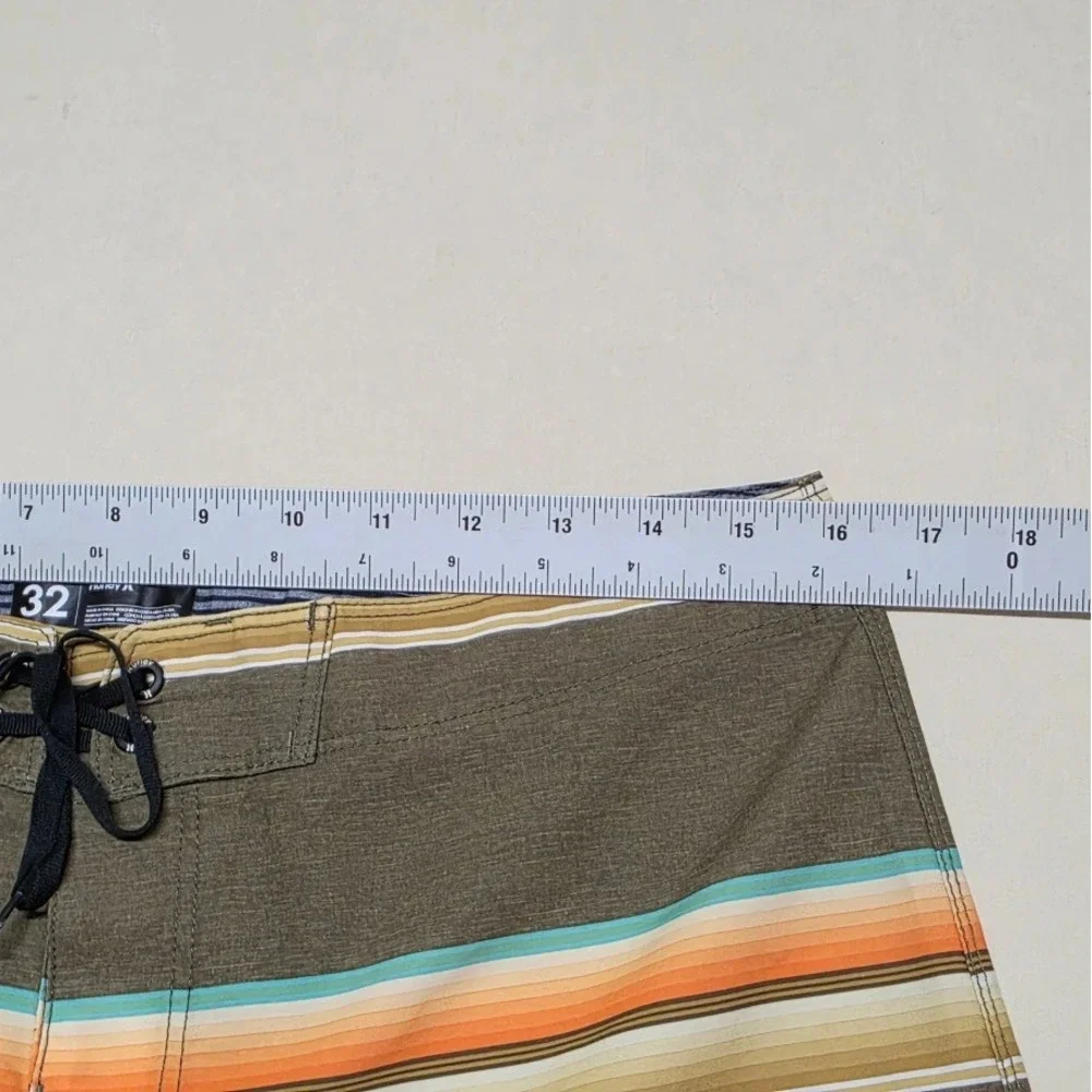 Hurley Mens Board Shorts Size 32 Olive Green Striped Surf Swim Trunks Drawstring